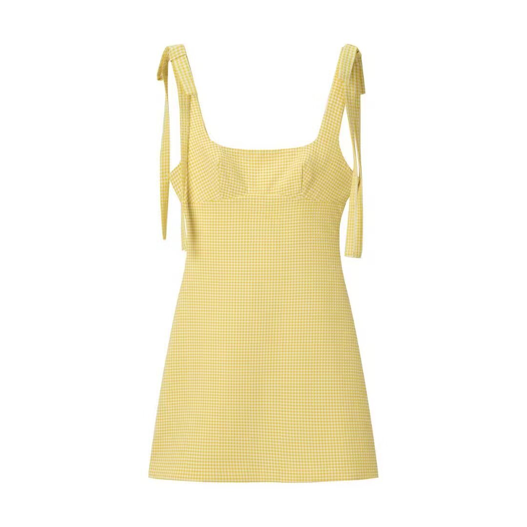 Vestido Mini Vichy Amarillo con Lazos Ajustables