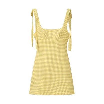 Vestido Mini Vichy Amarillo con Lazos Ajustables
