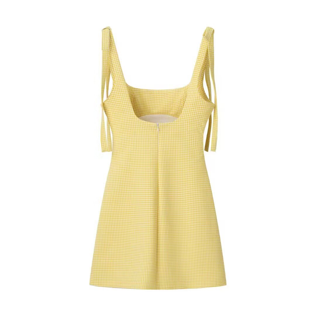 Vestido Mini Vichy Amarillo con Lazos Ajustables