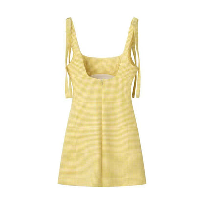 Vestido Mini Vichy Amarillo con Lazos Ajustables
