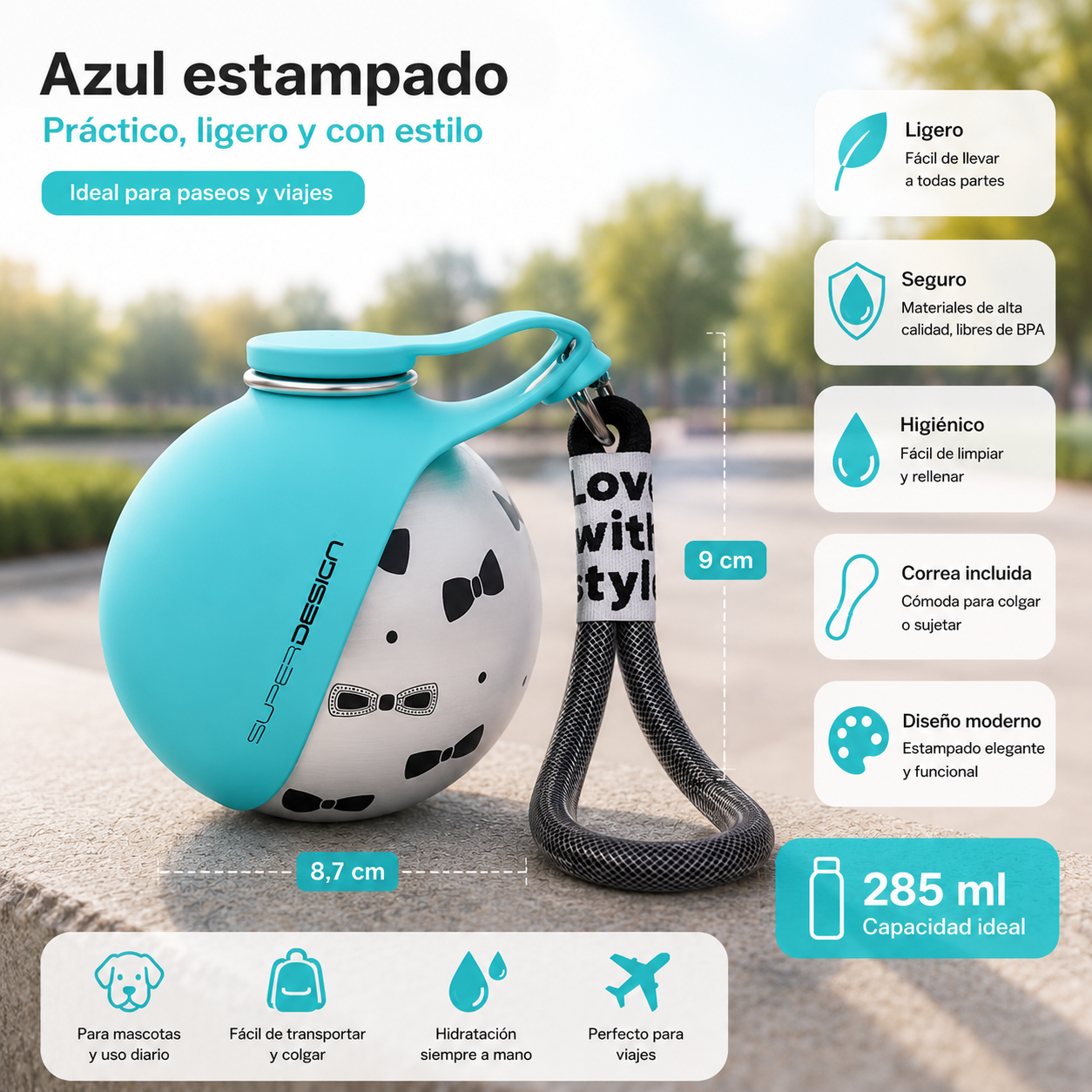 Botella de agua para mascotas de acero inoxidable.
