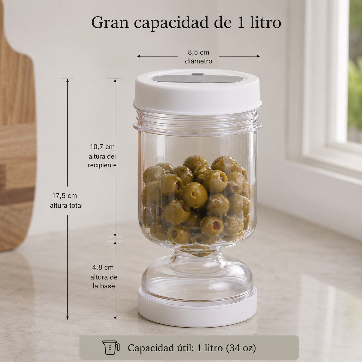 Tarro colador para aceitunas y encurtidos.